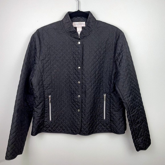 Versailles Black Quilted Lightweight Fall Jacket Silver Snap Up Petite Large PL - Picture 1 of 6